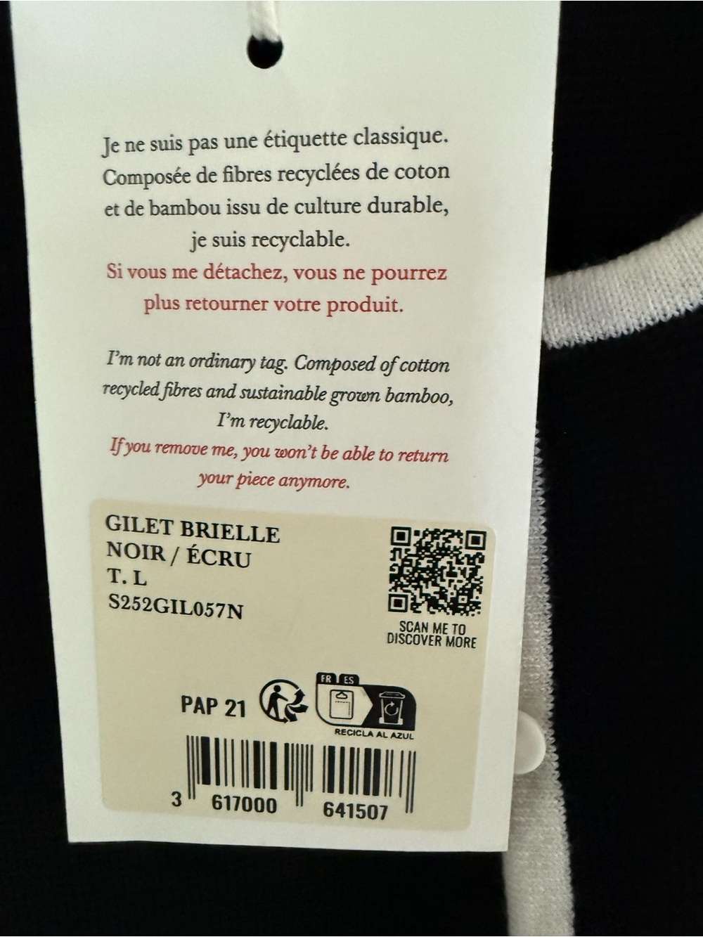Sezane Brielle Cardigan NWT Large black ecru 100% Wool - Picture 6 of 14